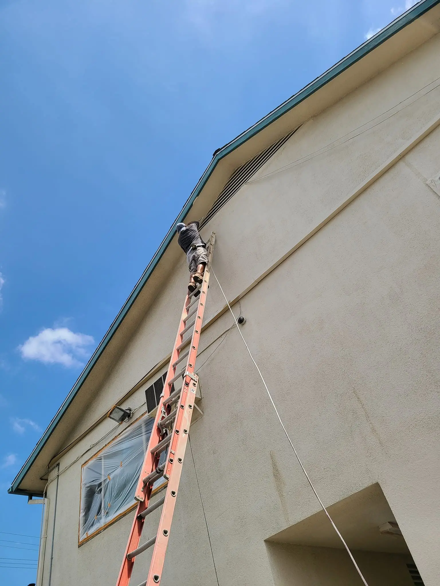Painter's extension ladder against a stucco exterior wall during an exterior repaint
