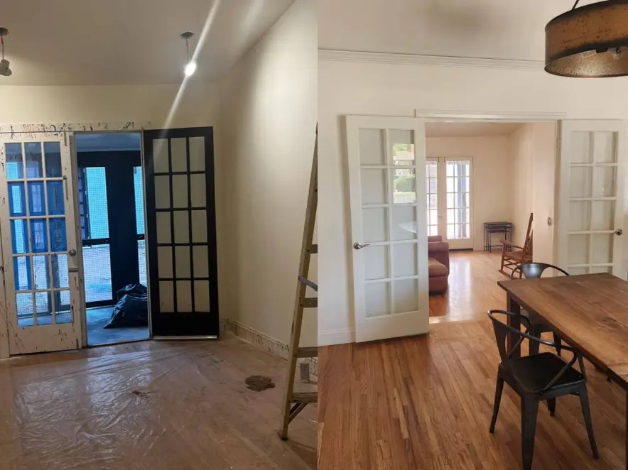 Dining room with freshly painted white walls and French doors to the patio